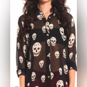MONO B SKULL BLOUSE SHEER CHIFFON SIZE Medium Grunge Rock Halloween